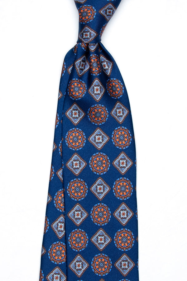 3-Fold Untipped Ravello Luxury Silk – Medallion Pattern Navy Blue