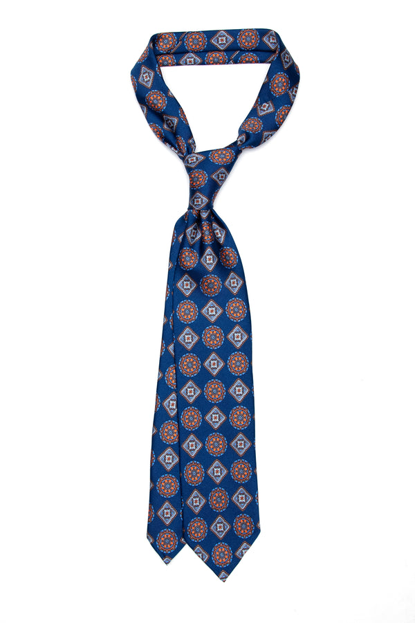 3-Fold Untipped Ravello Luxury Silk – Medallion Pattern Navy Blue