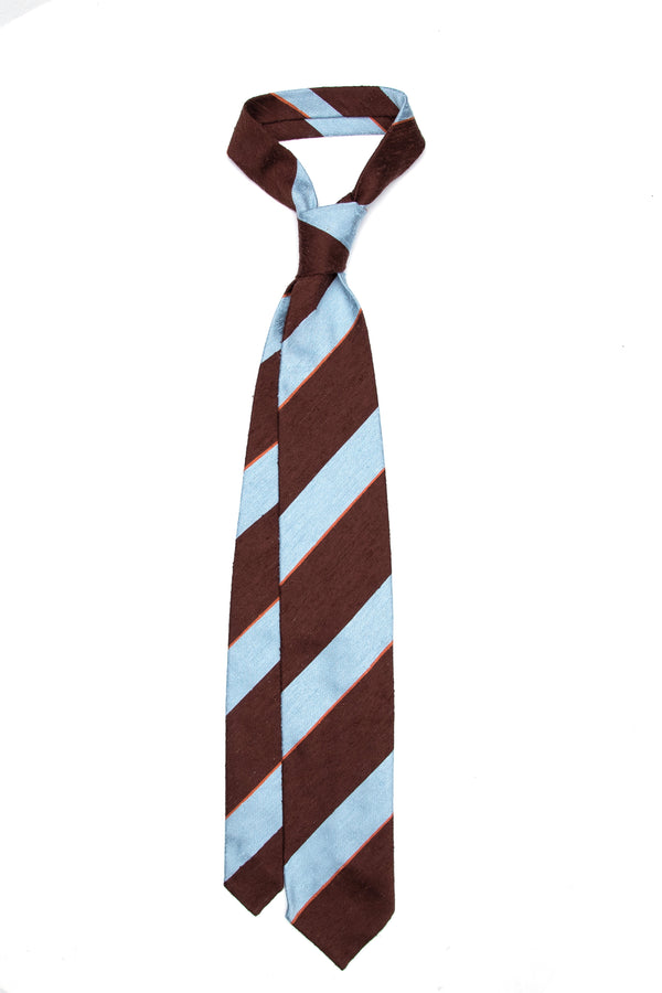 3-Fold Untipped Savoia Shantung Silk Tie – Brown/Sky Blu