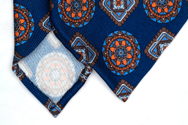 3-Fold Untipped Ravello Luxury Silk – Medallion Pattern Navy Blue