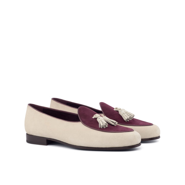 Belgian Loafers Tassel Suede & Painted Calf - Ivory/ Burgundy