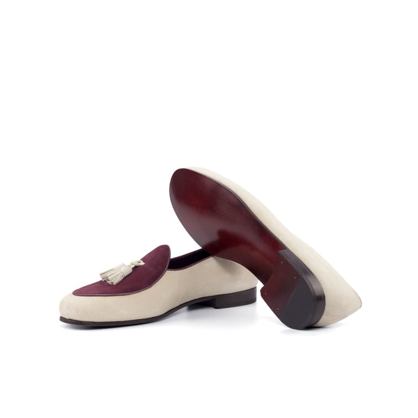 Belgian Loafers Tassel Suede & Painted Calf - Ivory/ Burgundy