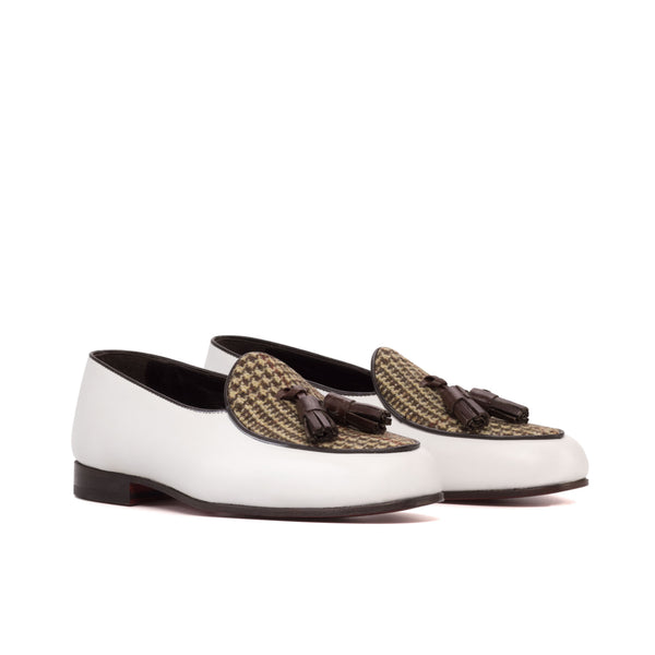 Belgian Loafers Tassel Leather Box Calf  & Tweed - White / Beige