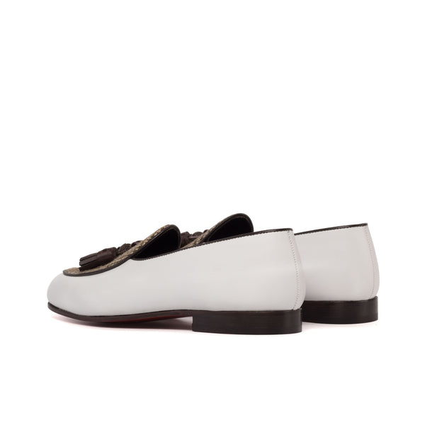 Belgian Loafers Tassel Leather Box Calf  & Tweed - White / Beige