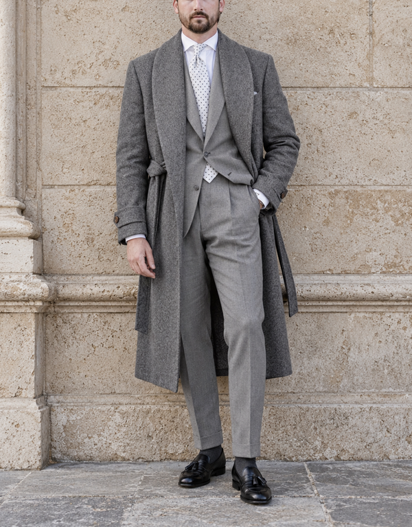 Double Breasted Overcoat Shawl Collar - Mid grey 100% Cashmere
