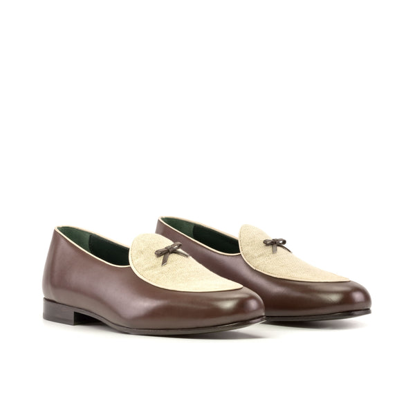 Belgian Loafers Box Calf & linen- Brown & Ice