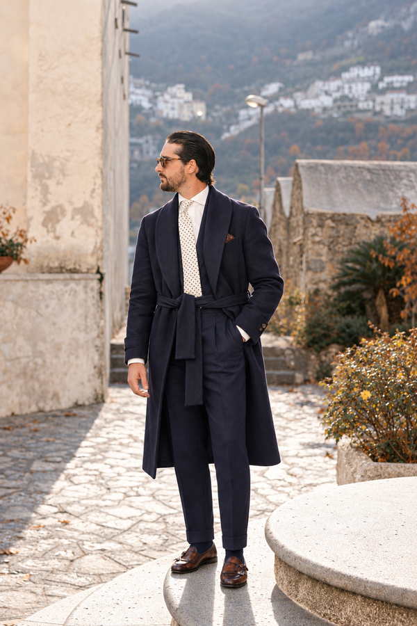Double Breasted Overcoat Shawl Collar - Navy Blue 100% Cashmere
