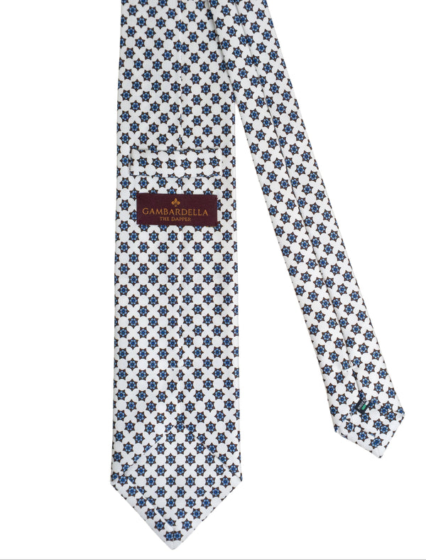 3- Fold Positano Luxury Silk Tie - Star Medallion White /Sky Blue