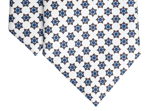 3- Fold Positano Luxury Silk Tie - Star Medallion White /Sky Blue