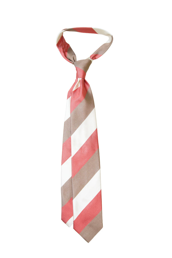 3-Fold Regimental Twill Silk tie- White/Vintage Pink/Bronze