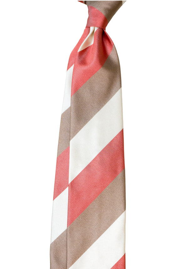 3-Fold Regimental Twill Silk tie- White/Vintage Pink/Bronze
