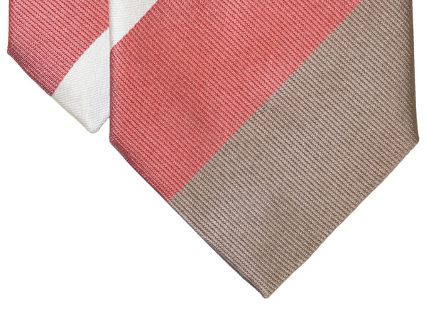 3-Fold Regimental Twill Silk tie- White/Vintage Pink/Bronze