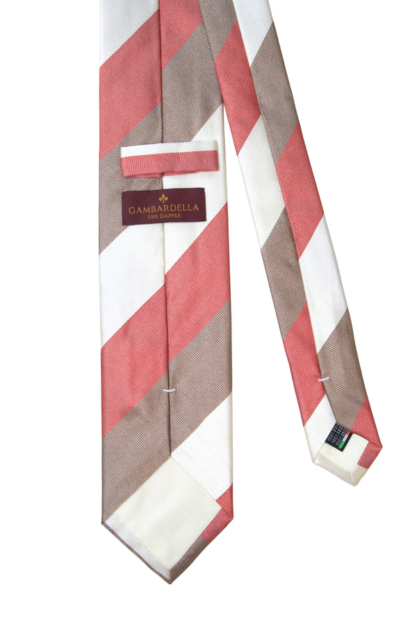 3-Fold Regimental Twill Silk tie- White/Vintage Pink/Bronze