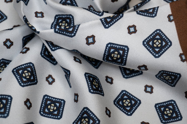 Borghese Luxury Silk Pocket Square - White/Blue/Brown