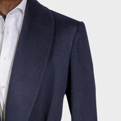 Double Breasted Overcoat Shawl Collar - Navy Blue 100% Cashmere