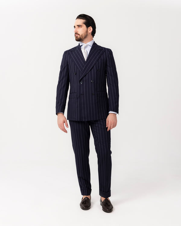 Dark Blue Stripe Double Breast Sartorial Suit - Made in Italy